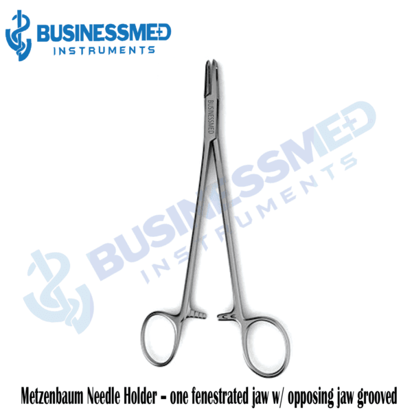 Metzenbaum Needle Holder – one fenestrated jaw w opposing jaw grooved