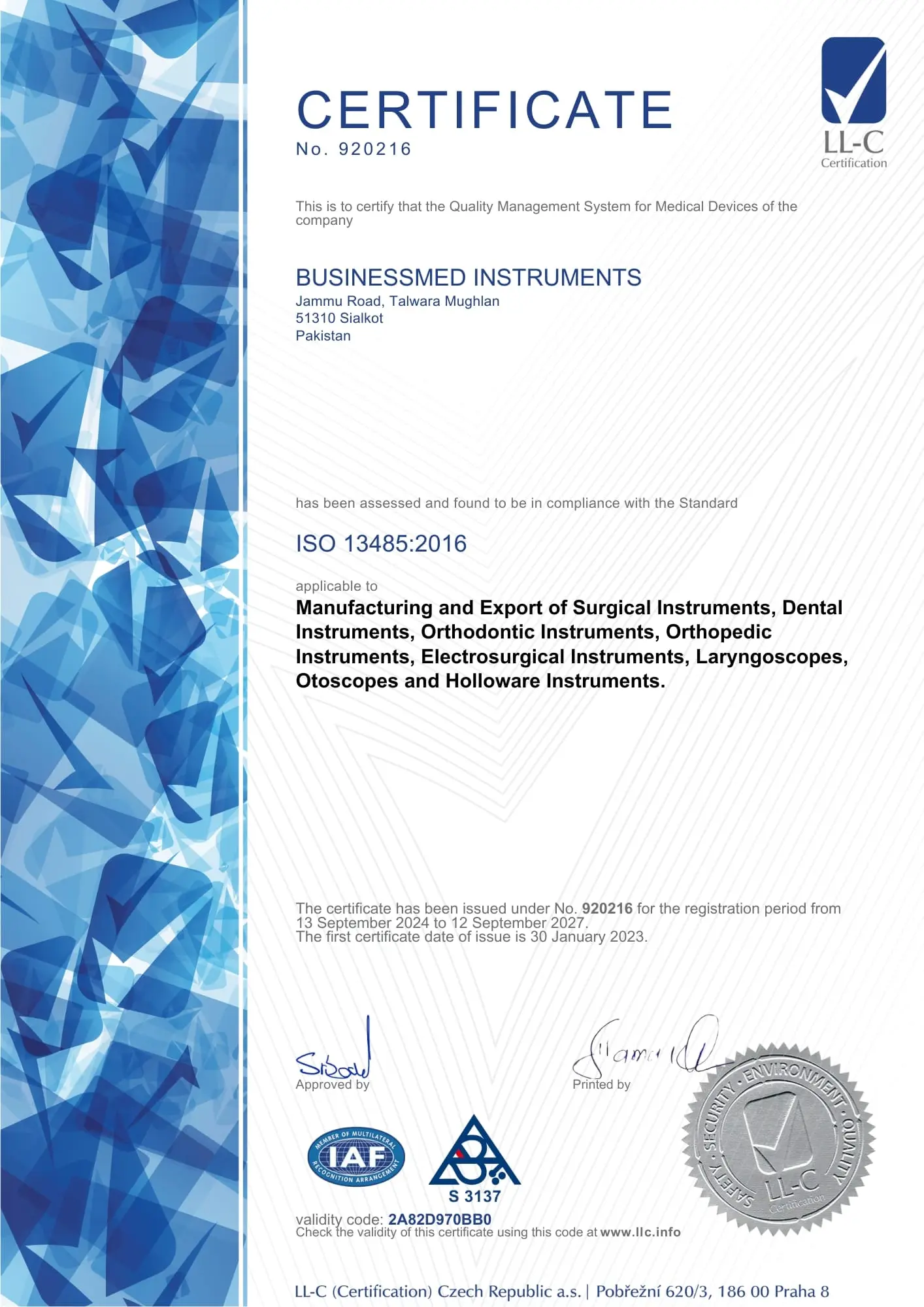 Businessmed Instruments ISO 13485 2024