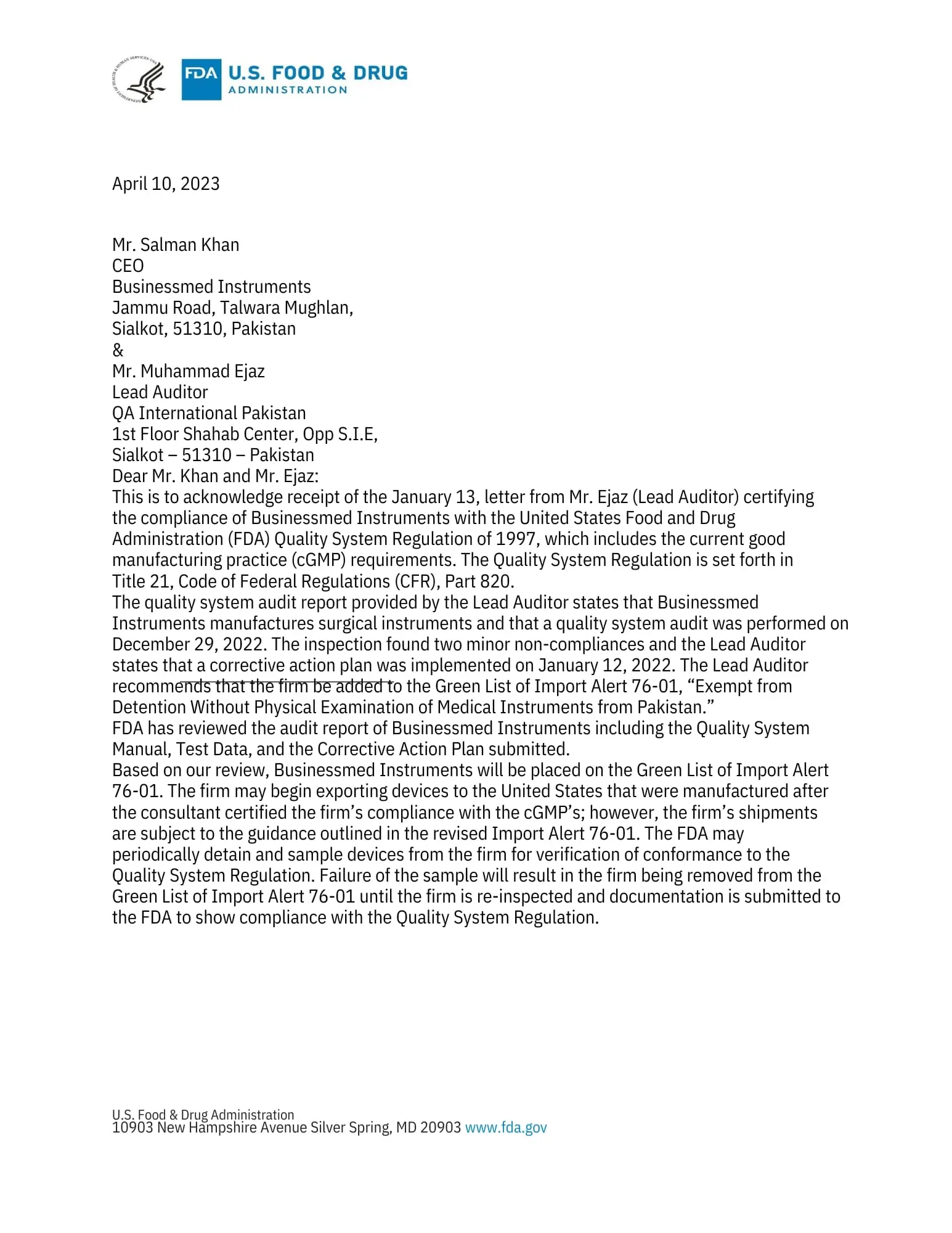 GMP FDA Green List Approval